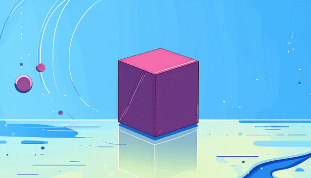 Stylized cube on a stylized surface, simple, bright, abstract scene