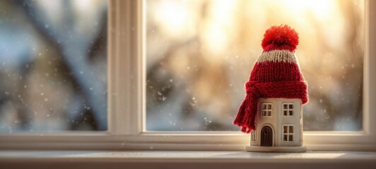 The Miniature House on a Frosty Windowsill Wearing a Cozy Red Winter Hat
