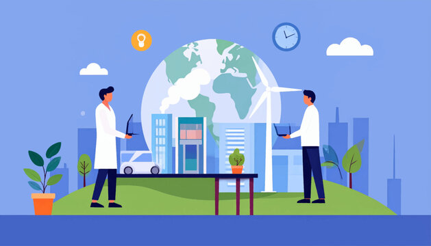 Two people stand using laptops on a grassy plane with cities, globe, and windmills