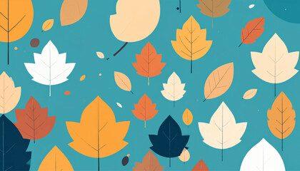 Fototapeta premium Stylized fall leaf pattern on blue background; flat design with varying colors and simple textures