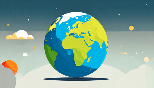 Stylized earth globe floating in space with abstract shapes representing clouds and stars against a muted blue backdrop
