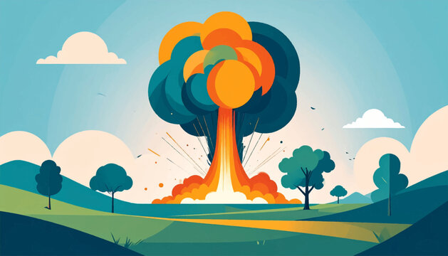 Stylized explosion graphic over a rolling landscape with trees, rendered in bold, flat colors and simplified forms