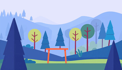 Obraz premium Stylized, flat illustration of a landscape with trees, hills, and an orange gateway under a light blue sky
