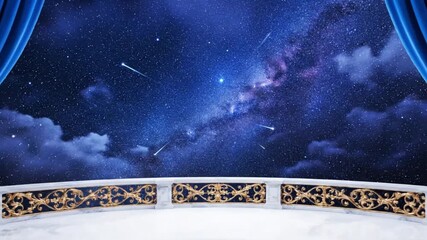 A cinematic celestial theater backdrop with an ornate golden balcony flowing blue curtains and a vast night sky filled with glowing stars clouds and shooting stars illuminated by a radiant central bea