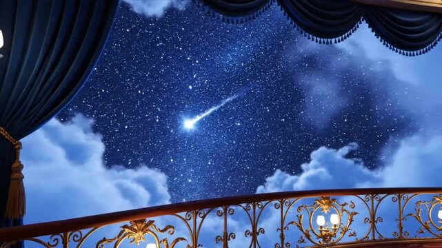 A panoramic celestial scene designed like a theater stage featuring a marble balcony ornate gold railings dramatic blue curtains and a luminous night sky filled with stars clouds and shooting stars ci