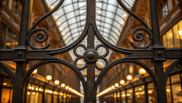 Cultural travel experience. Ornate ironwork with intricate design inside historic shopping arcade, glowing lights create warm ambiance