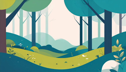 Stylized forest scene in blues, greens, yellows. Tall trees, hilly terrain, and a bright, open background
