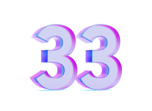Purple Digit 33 or Thirty Three isolated on white background. 3d Illustration