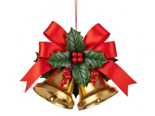 Christmas bells with holly and red bow isolated on white background