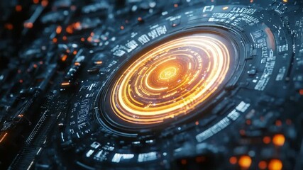 High-tech digital graphic of a glowing orange spiral on a futuristic circuit board background with neon lights and microchips. - Powered by Adobe
