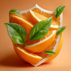 Vibrant orange slices with green leaves on orange background