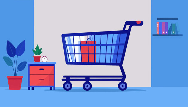 Stylized illustration blue shopping cart with red bag inside, plants, table, shelf, on blue & gray background