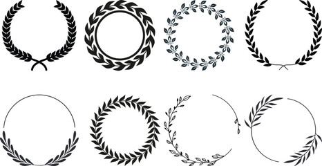 Laurel wreath icon . Black circular laurel olive branches greek wreath. Vintage laurel wreaths. Winner award of olive leaves, stars of victory, achievement heraldry symbol. Vector illustration.