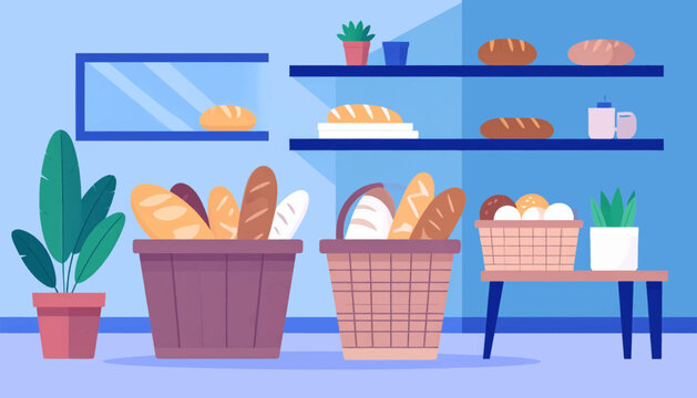 Stylized illustration of a bakery interior with shelves, loaves, breads, plants and baskets against blue background
