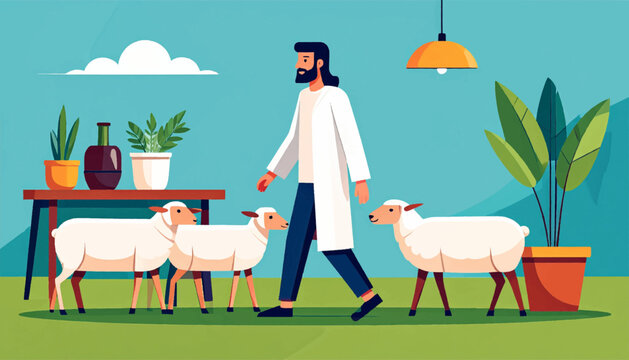 Stylized illustration of a bearded man in a lab coat walking with three sheep in a room with plants