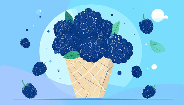 Stylized illustration of blackberries in an ice cream cone on a light blue background with minimal details