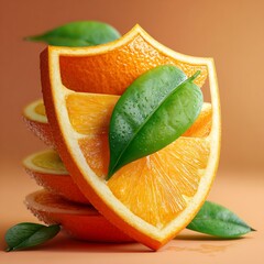 Vibrant orange slices shield with fresh green leaves protection
