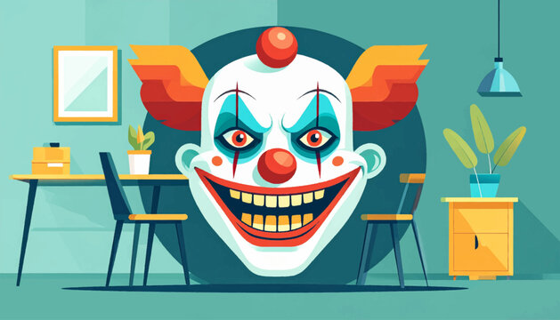 Vector illustration A menacing cartoon clown floats within a stylized, teal-toned living room setting