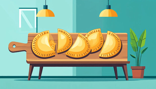 Stylized illustration of golden empanadas arranged on a wooden board under pendant lights in a blue-green room