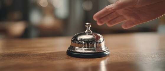 The service bell on a hotel reception desk with hand reaching to ring