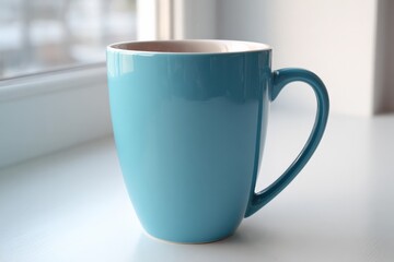 Obraz premium Bright blue ceramic mug positioned near window with soft natural light