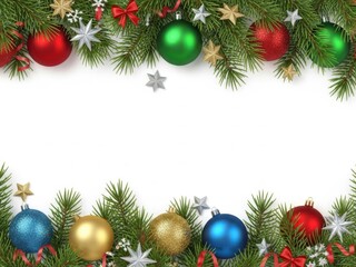 Christmas ornaments and pine branches border isolated on white background