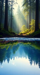 Obraz premium Calm river reflects a beautiful sunlit evergreen forest scene.