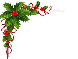 Christmas holly corner decoration isolated on white background