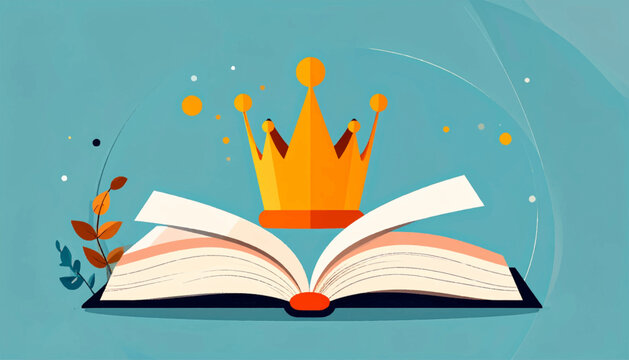 Stylized illustration of open book topped with gold crown on a teal background with subtle floral details