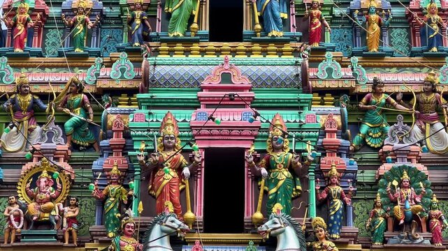 Kuala Lumpur, Malaysia - June 18, 2025: Close-up and facade of the Hindu temple Sri Maha Mariamman Dhevasthanam with prayer flags and sculptures of deities, in Chinatown. 4К
