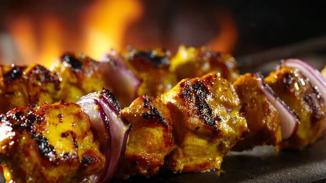 Golden-charred chicken and red onion skewers flame-grilled over an open fire suitable for barbecue outdoor dining or a restaurant menu