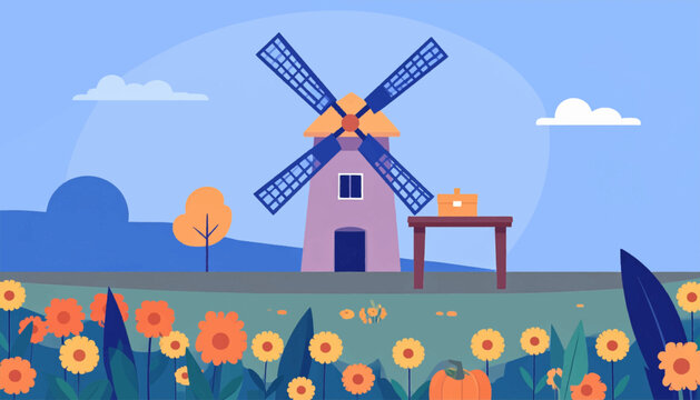 Whimsical flat illustration of a windmill, flowers, table, pumpkin and blue sky