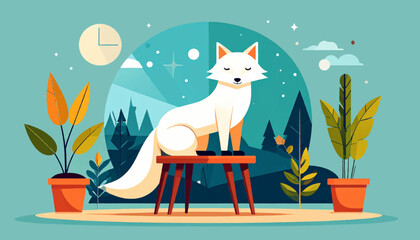 Stylized illustration white fox sits on table. Plants, clock, stars, and trees in the background