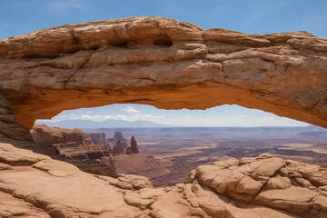 Natural sandstone arch framing vast desert canyon landscape under clear blue sky on a sunny day, showcasing geological formations and erosion concept. Ai generative