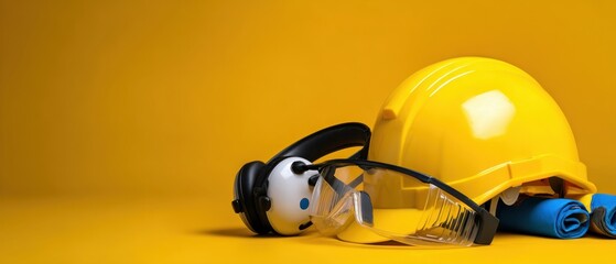 The Hard Hat and Protective Safety Gear with Blueprints on Yellow Background
