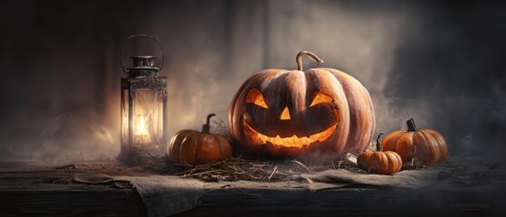 The Jack-o'-lantern Pumpkin Glowing on a Rustic Table with Lantern and Mini Pumpkins