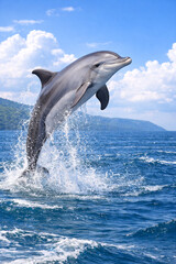 Fototapeta premium Dolphin leaps above sparkling ocean waves