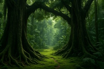 Fototapeta premium Enchanted forest landscape with massive ancient trees forming natural arch over mystical green path in lush jungle setting under soft morning light atmosphere. Ai generative