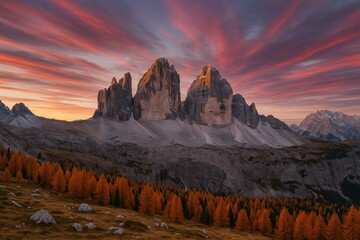 Naklejka premium Majestic mountain peaks under vibrant sunset sky with autumn trees in foreground in surreal alpine landscape concept scene. Ai generative
