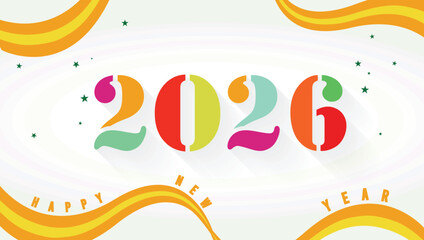 2026 Happy New Year colorful text, ribbon, greeting banner, poster, background.