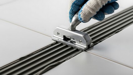 Applying tile grout with specialist tool for evenly distributed jointing