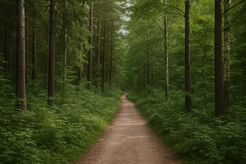 Fototapeta premium Peaceful forest trail with tall green trees and dirt path stretching into distance, tranquil woodland landscape concept in daylight atmosphere. Ai generative