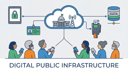  Digital public infrastructure government technology modernization illustrating cloud computing connectivity data management cybersecurity citizen services digital transformation smart city innovation