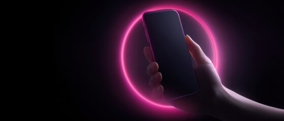 The smartphone held in hand with neon pink glowing circle backdrop for mockup