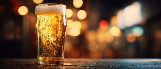 The glass of beer on a bar counter with warm bokeh lights