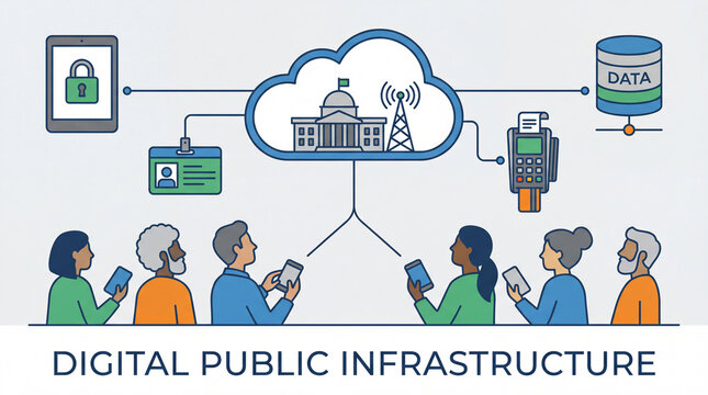  Digital public infrastructure government technology modernization illustrating cloud computing connectivity data management cybersecurity citizen services digital transformation smart city innovation