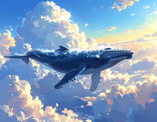 Obraz premium Animated whale swims in a fluffy cloud sky under warm sunrise