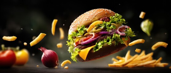 The Burger Suspended in Midair with Fries and Fresh Ingredients
