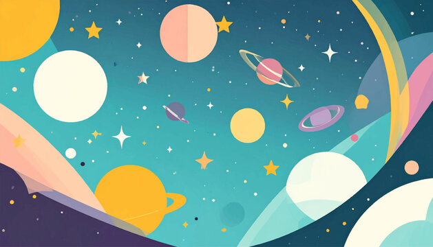 Stylized space illustration with planets, stars, and abstract shapes in a vibrant, playful color palette