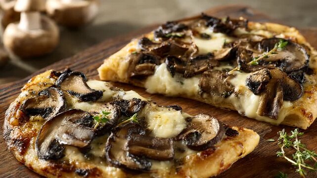 Gourmet mushroom flatbread pizza slices topped with fresh mozzarella and herbs served on a rustic wooden board